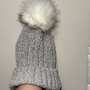 Gray Knit Beanie with Faux Fur Pom